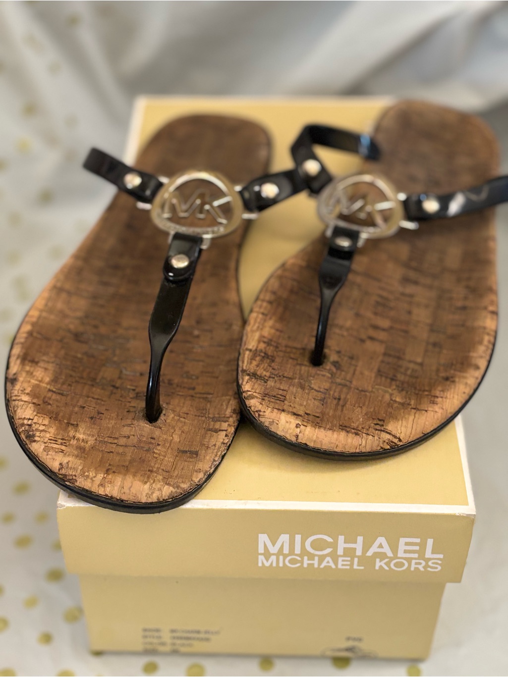 Michael Kors Black Patent Thong Sandals With Cork Footbed